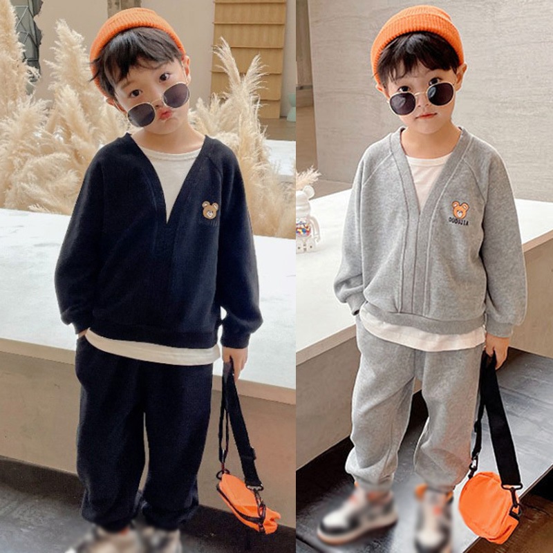 Set quần áo 2 món gồm áo dài tay + quần dài dáng rộng phong cách đường phố cho bé