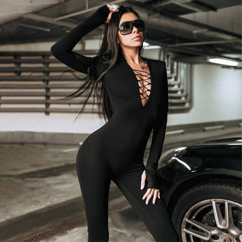 Jumpsuit Tay Dài Cổ Chữ V Lưng Cao Ôm Dáng Thời Trang Âu Mỹ Cho Nữ