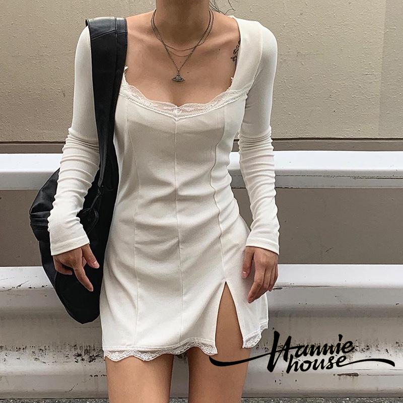 Đầm Ren Nữ Dài Tay Cổ Vuông Thời Trang