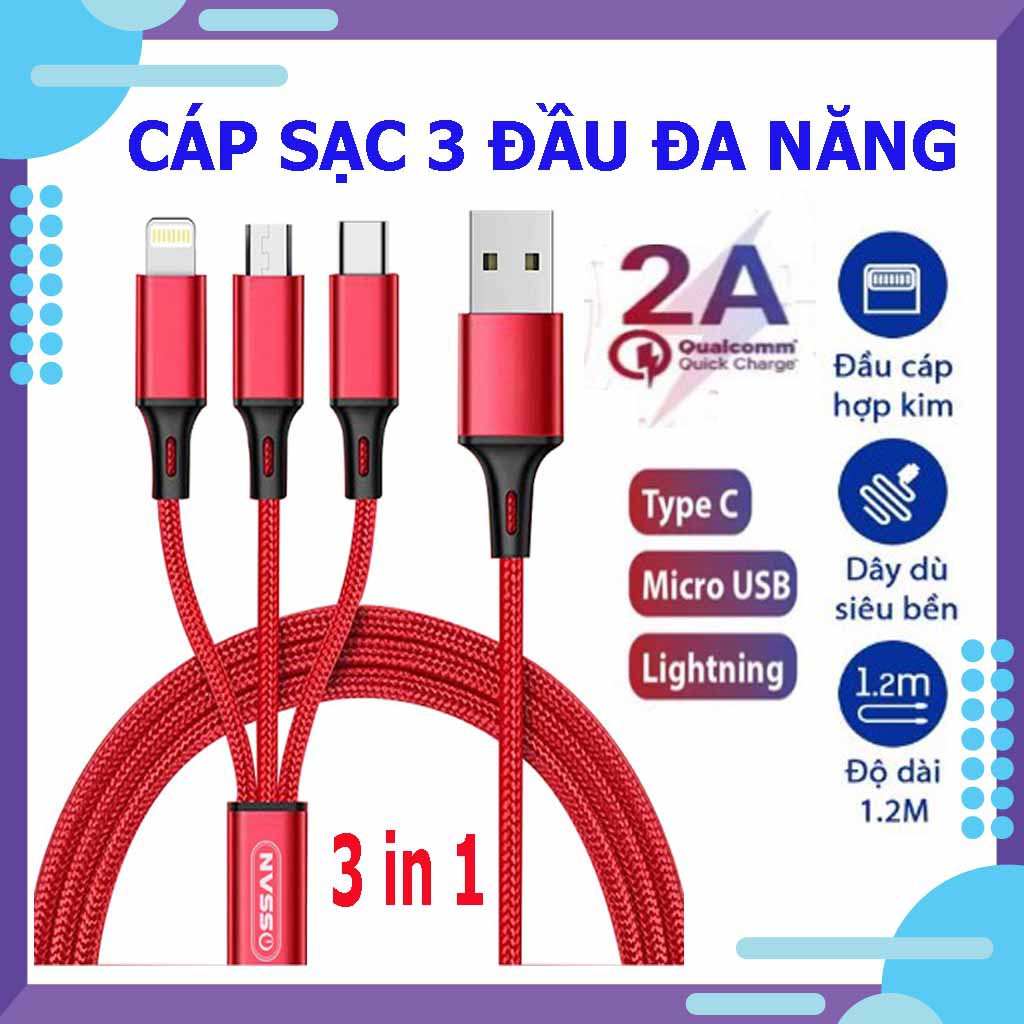 [Freeship] Cáp sạc 3 đầu ( 3 in 1) đa năng | Dây dù , Dài 1.2M | Micro USB / Type C / Lightning