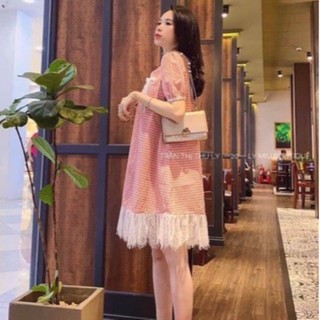 [Mã FASHIONT4WA2 giảm 10K đơn 50K] Váy Bầu Dáng Xuông Hoạ Tiết Kẻ Phối Chân Ren