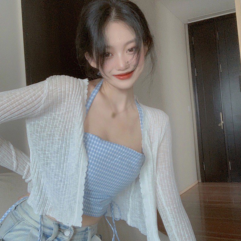 Áo Lửng Hai Dây Họa Tiết Ca Rô Quyến Rũ Dành Cho Nữ
