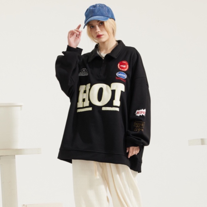 Áo nỉ nam nữ áo nỉ nam thêu chữ phong cách hàn quốc áo nỉ nữ Zip đơn giản áo nỉ cặp đôi tay dài rộng rãi giản dị unisex top