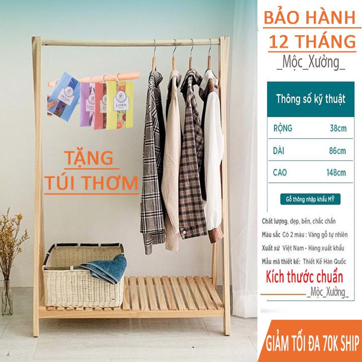 Giá treo quần áo chữ A 1 tầng gỗ thông - Kệ treo quần áo decor  phòng ngủ chống mối mọt chịu tải - C*D*R=148*88*38