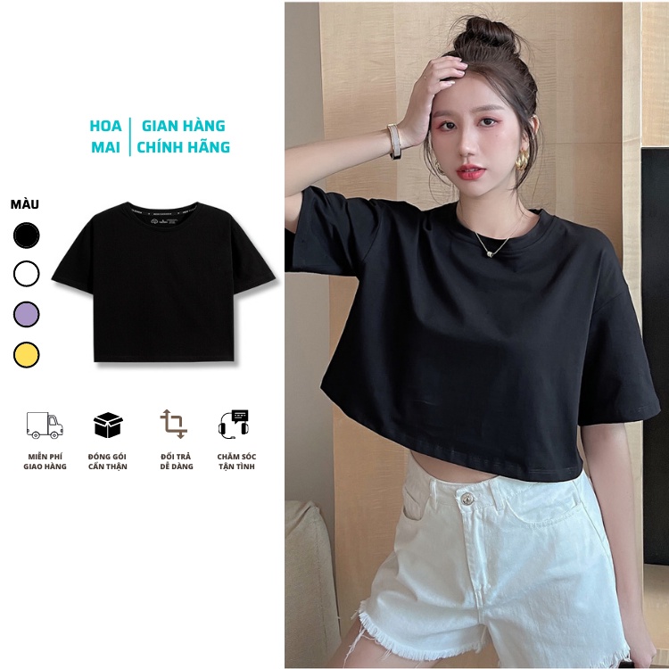 Áo croptop nữ cổ tròn, tay ngắn trơn, form rộng unisex từ 40-65kg mặc đẹp