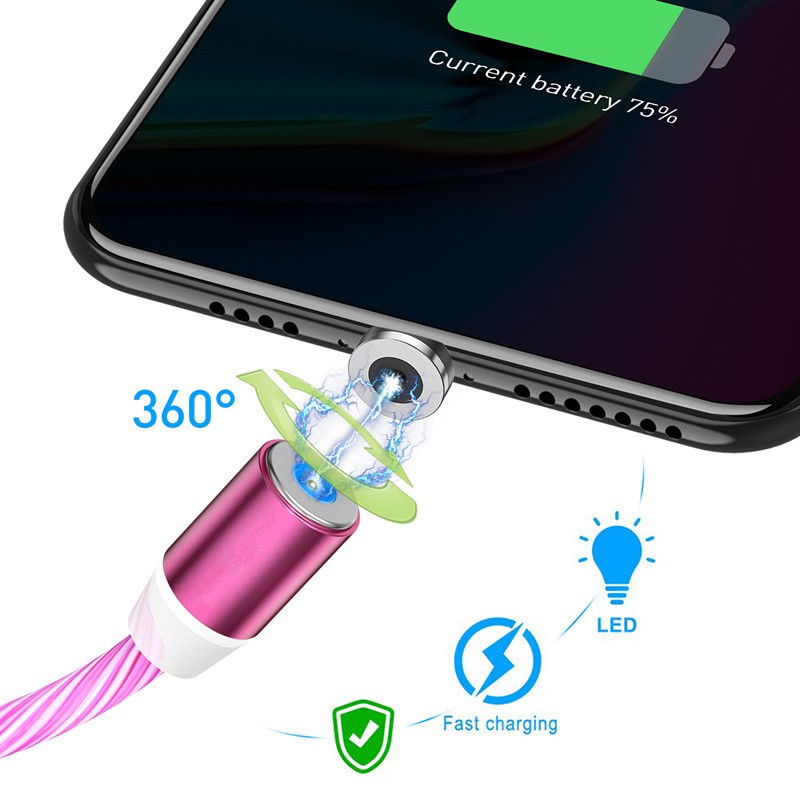 Cáp USB Type C dạng đèn LED mô phỏng dòng nước chạy sạc từ tính truyền dữ liệu cho iphone Android