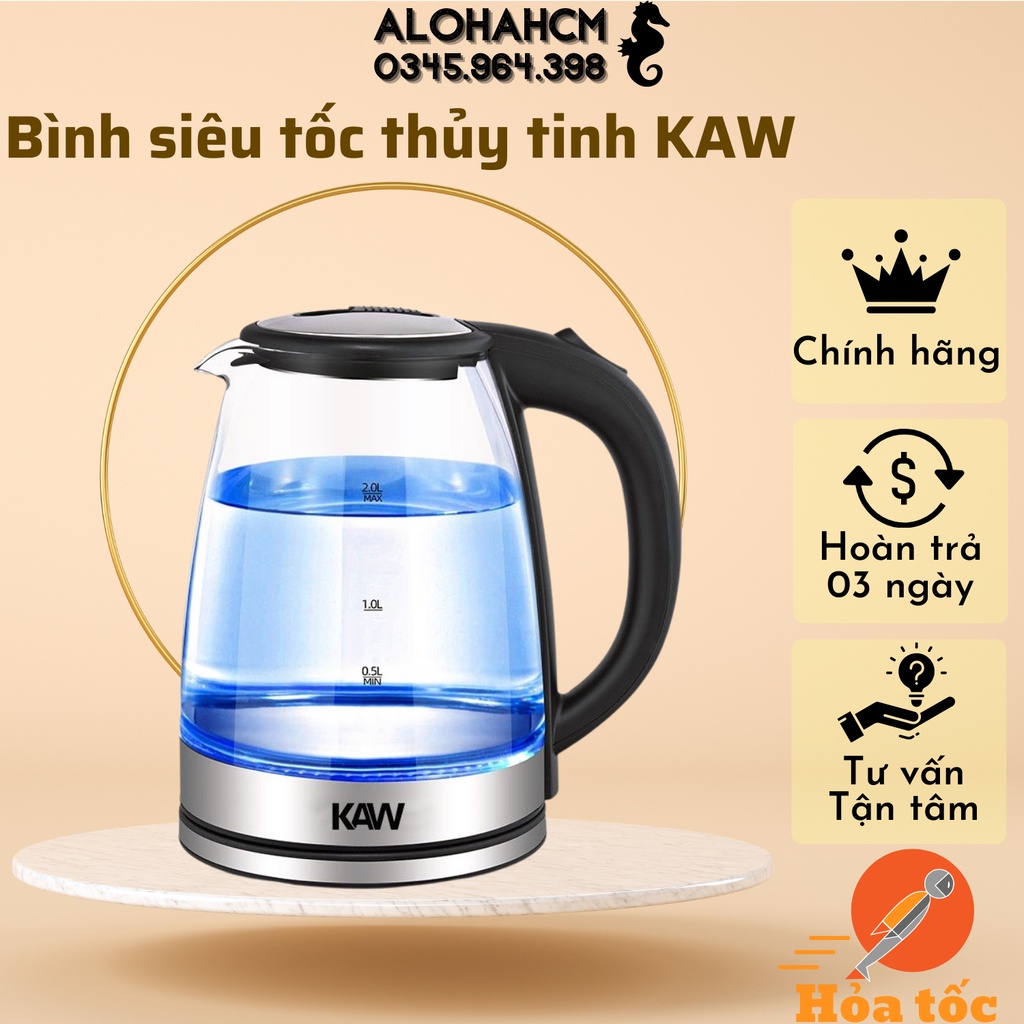 Ấm Nấu Nước Siêu Tốc,Ấm Đun Nước Siêu Tốc KAW RK1818 Dung Tích 2L, Tiết Kiệm Điện, bình thủy tinh trong suốt, có đèn Led