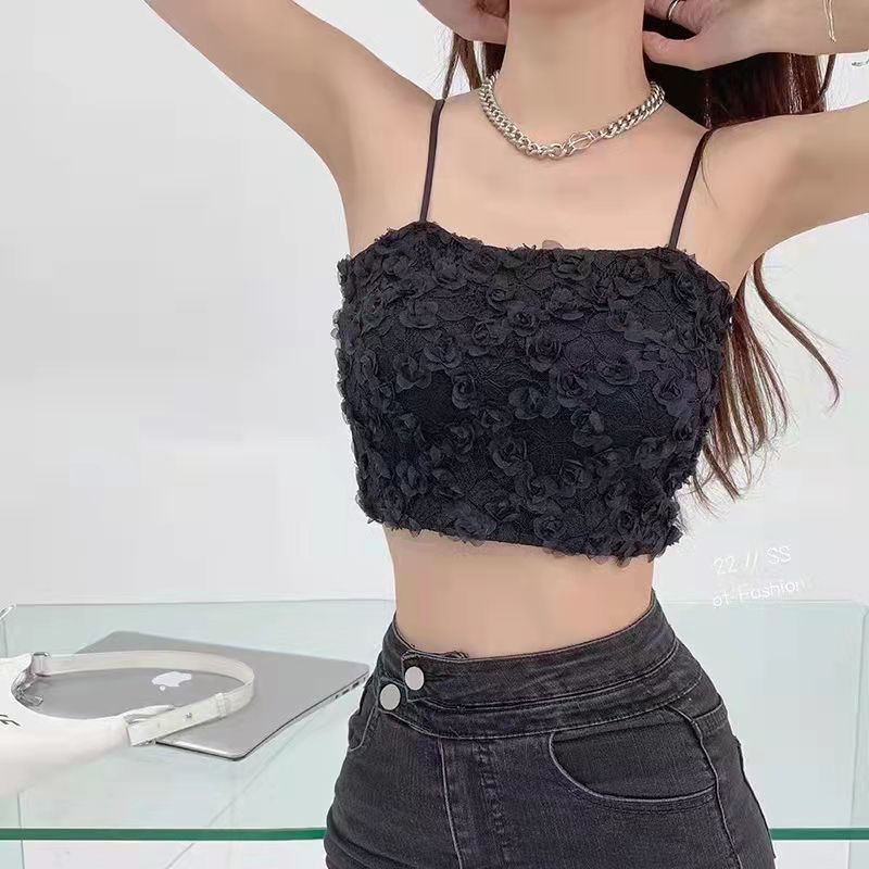 Áo bra ren 2 dây dáng croptop có mút ngực ren hoa hồng - AK2044