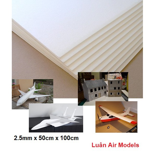 [50x100cm] 2.5mm Combo 20 tấm xốp Depron làm mô hình máy bay điều khiển, tàu, xe, nhà cửa (VA002x10) - Luân Air Models