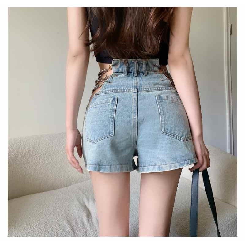 Quần Short Jeans Lưng Cao Phối Dây Xích Gợi Cảm Cho Nữ