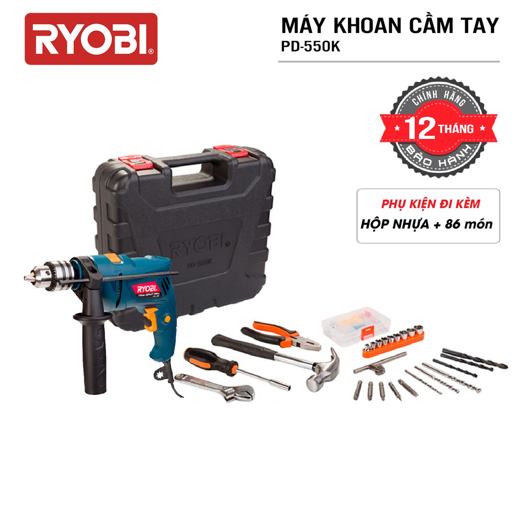 Bộ máy khoan cầm tay đa năng điện 550W RYOBI (KYOCERA) - PD-550K (Kèm 86 phụ kiện)