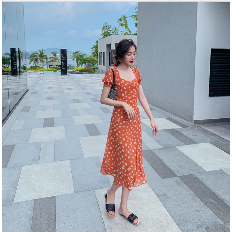 Váy xinh🌸FREESHIP🌸Váy hoa nhí cam dáng dài xẻ tà trẻ trung | BigBuy360 - bigbuy360.vn