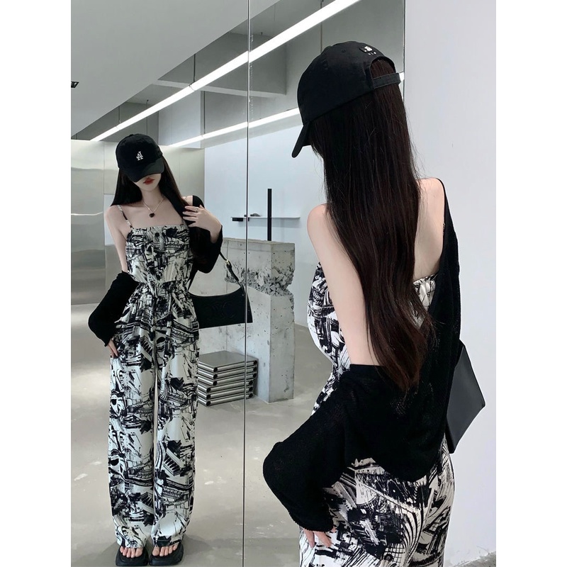 Bộ Áo Liền Quần Vải Voan Eo Cao Ống Rộng In Hoa Thời Trang Mùa Hè Cho Nữ