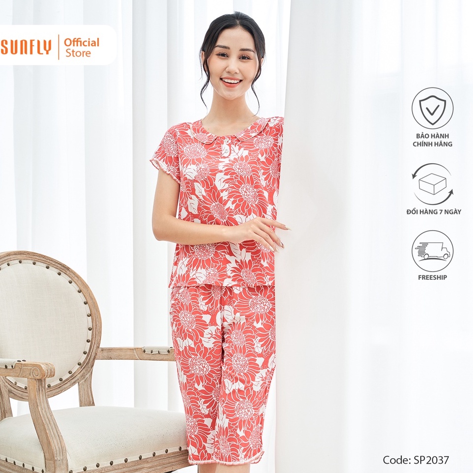 Bộ đồ mặc nhà nữ pijamas lanh SUNFLY áo cộc, quần ngố SP2037