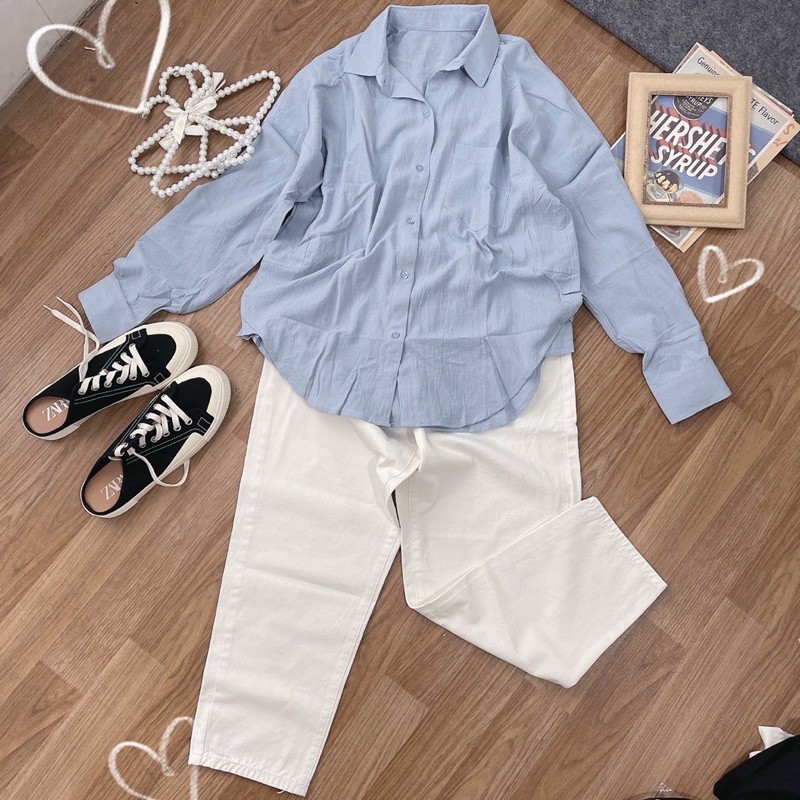 Set sơ mi xanh + quần baggy trắng