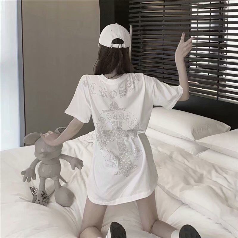Áo Thun Ngắn Tay Đính Đá Phong Cách Hàn Quốc Cho Nữ