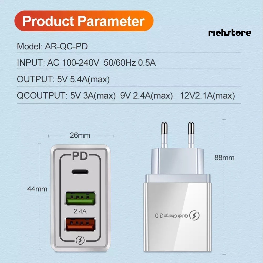 Củ Sạc Nhanh 3 Cổng Usb Pd 18w Qc3.0 Cho Điện Thoại