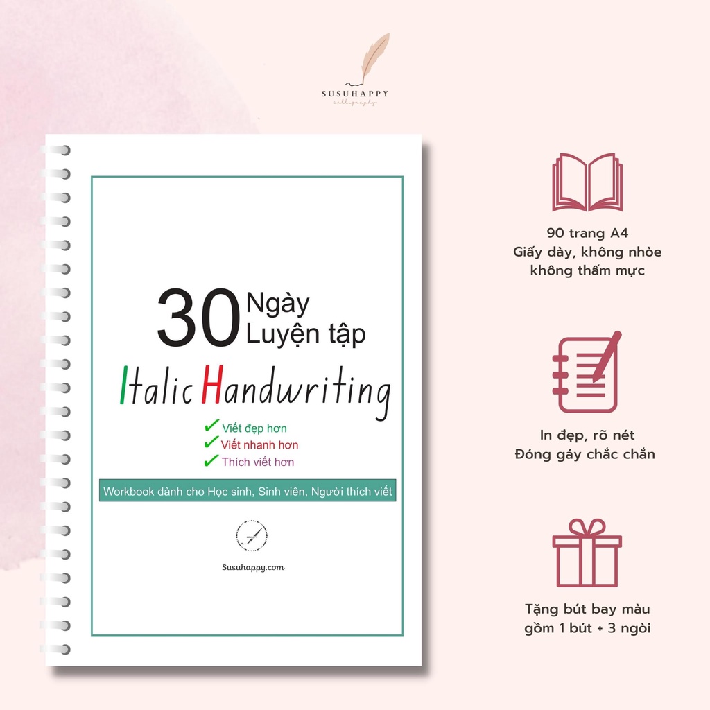 Workbook Luyện Viết Chữ Viết Tay Italic Handwriting Dành Cho Người Mới Tập - Tặng Kèm Bút Bay Màu + 3 Ngòi Thay