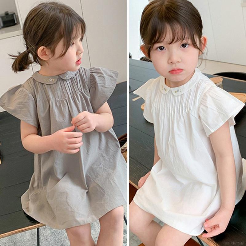 Đầm Bé Gái Cổ Búp Bê Thêu Họa Tiết Đơn Giản Xinh Xắn Phong Cách Hàn Quốc