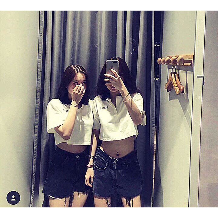 [Có ảnh thật] Áo croptop cổ bẻ thêu chữ | BigBuy360 - bigbuy360.vn