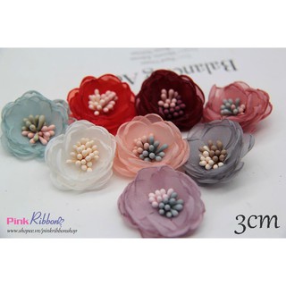 *Set 2b-Hoa voan có nhụy 3.5cm dùng làm hoa trang trí may mặc, hoa cài áo, hoa phụ liệu may mặc, phụ kiện tóc