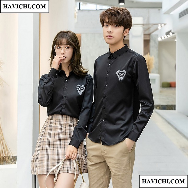 Áo sơ mi nam nữ 𝗙𝗥𝗘𝗘𝗦𝗛𝗜𝗣 - Sơ mi cặp đôi nam nữ đen unisex hoolook cặp đôi, mềm mịn, không nhăn, thoáng mát