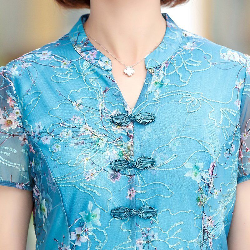 Đầm Sườn Xám Cách Tân Tay Ngắn Phong Cách Phương Tây Thời Trang Mùa Hè Mới Cho Phụ Nữ Trung Niên