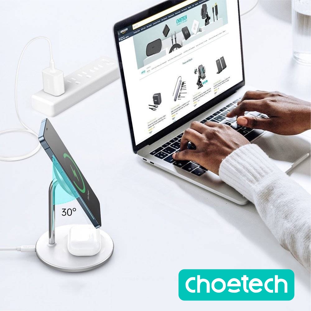 Bộ Đế Sạc Không Dây MagSafe 10W CHOETECH T581 Dành Cho iPhone , Tai Nghe AirPod + Củ Sạc Type C 20W PD5005