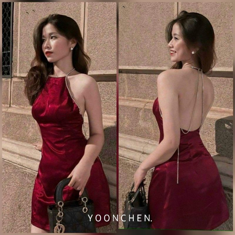 Đầm Body phi bóng cổ yếm phối viền hạt đá sang chảnh, Váy đầm Yoona Chen đẹp giá rẻ