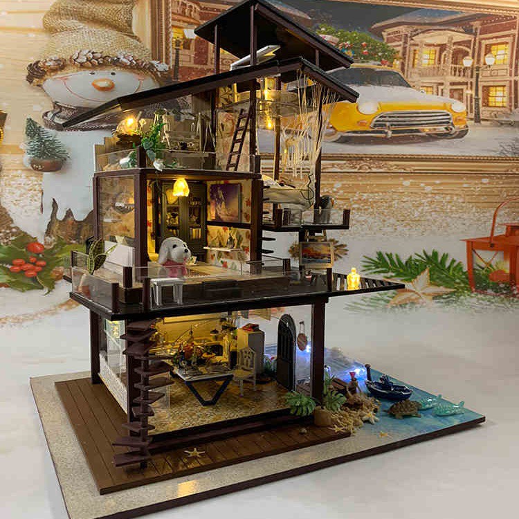 Mô hình nhà DIY Doll House Valencia Coast Kèm Mica Chống bụi, Bộ dụng cụ, Keo dán và Bộ phát nhạc