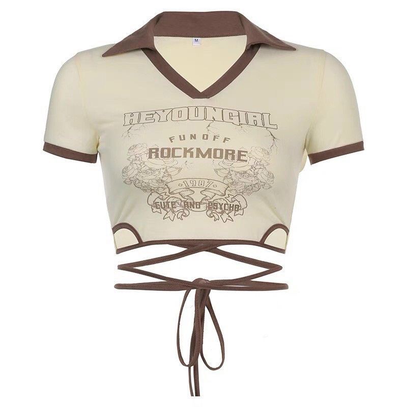 Áo croptop nữ có cổ viền thêu chữ hoa cột dây eo cực đẹp cho cô nàng năng động na