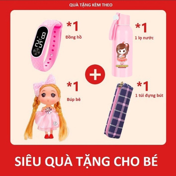 balo đi học cho bé gái cặp sách có kèm đồng hồ chai nước thủy tinh búp bê túi đựng bút cho trẻ