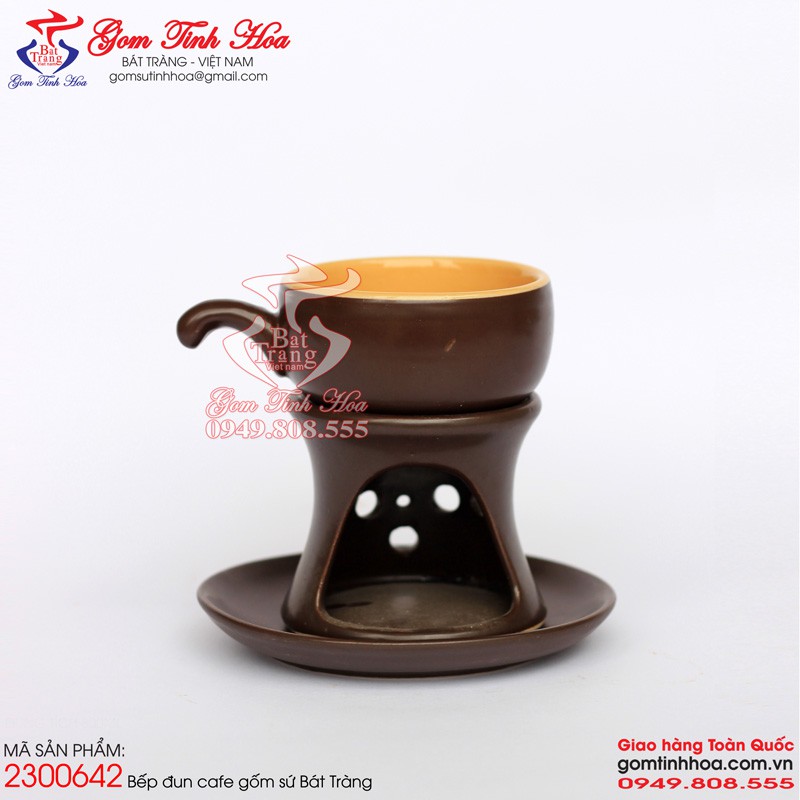 Bếp đun cafe gốm sứ men nâu dáng bếp chân cao cốc quai lỡ kèm đĩa sứ