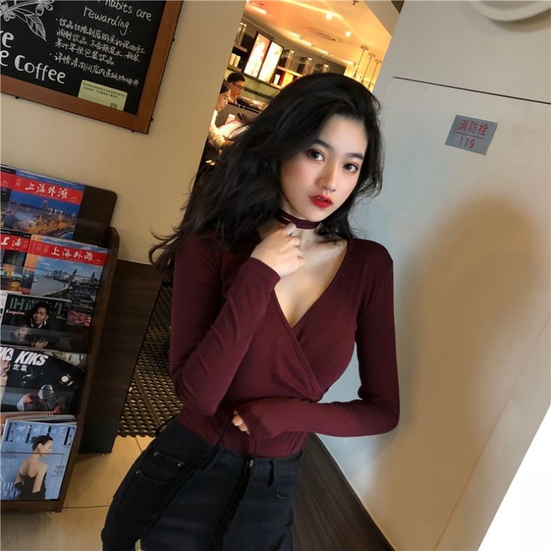 Áo Thun COZOK Tay Dài Cổ Chữ v Dáng Ôm Đan Chéo Quyến Rũ Trẻ Trung Cho Bạn Gái