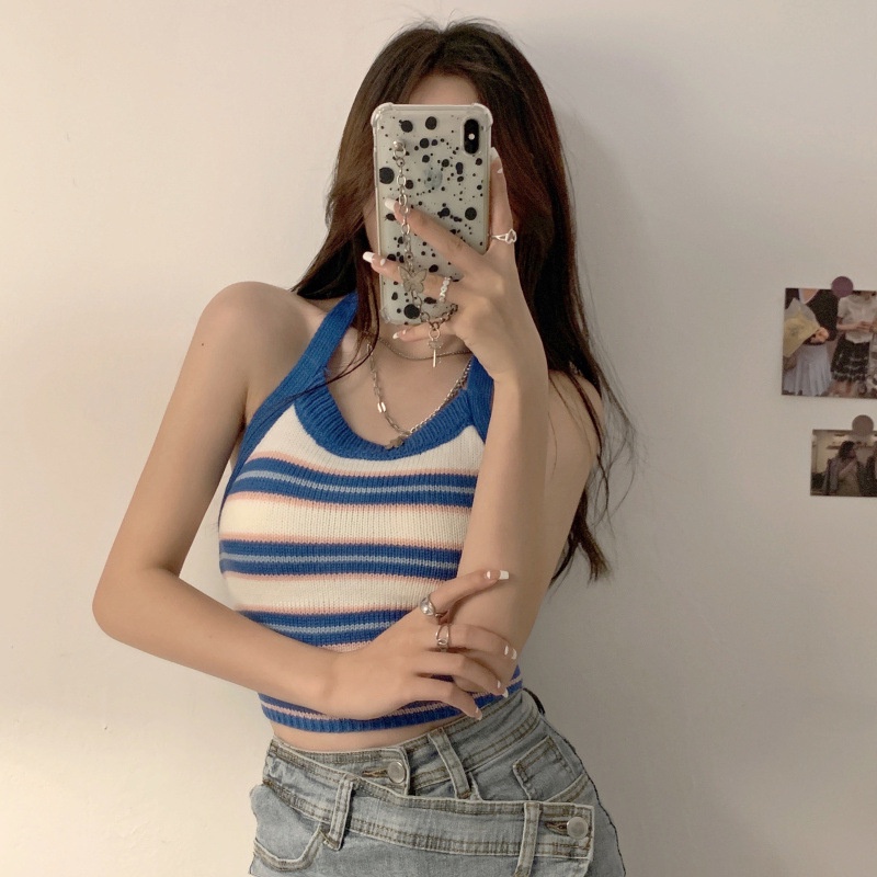 Áo croptop Hai Dây Hở Lưng Họa Tiết Kẻ Sọc 2 Màu Sắc Thời Trang Mùa Hè Cho Nữ