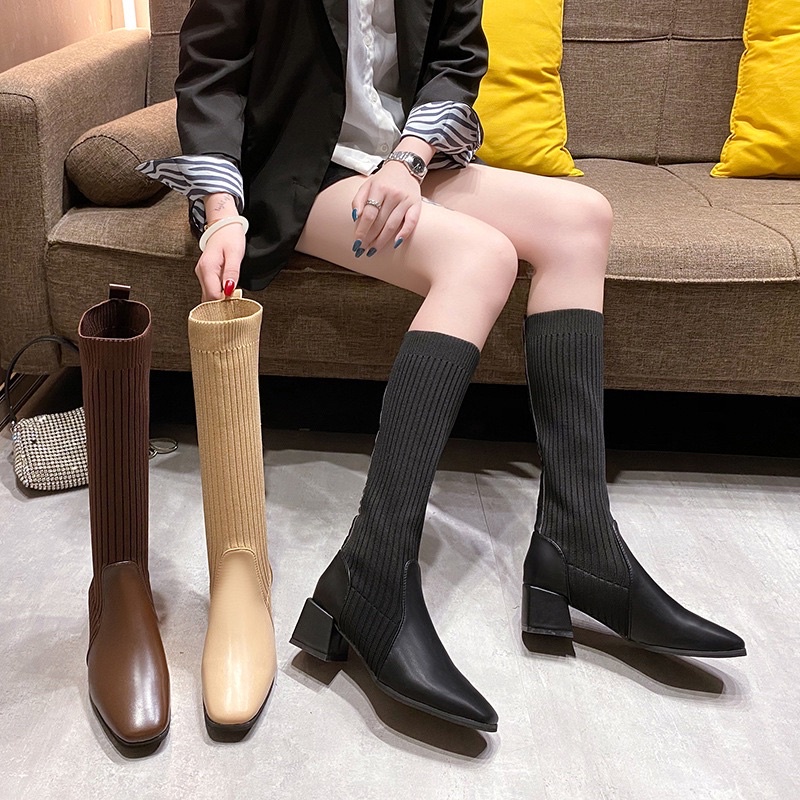 (Order) Bốt đùi da pha len gót 5cm⚡️ANDUSTORE⚡️