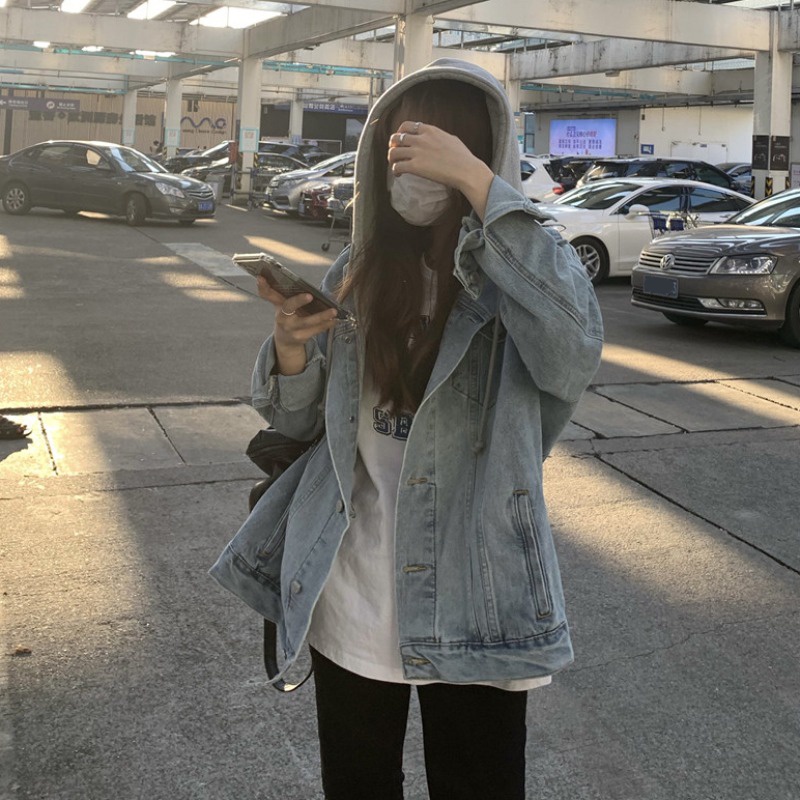 Áo khoác Jeans denim phối mũ nỉ form rộng basic style Hàn Quốc năng động