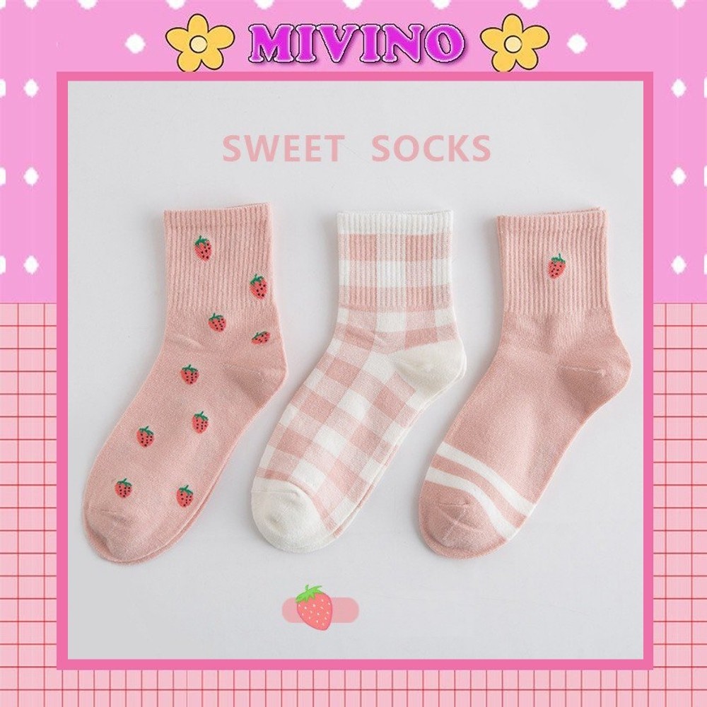Set 3 đôi tất nữ cổ cao Mivino vớ nữ họa tiết dâu tây ngọt ngào TN94