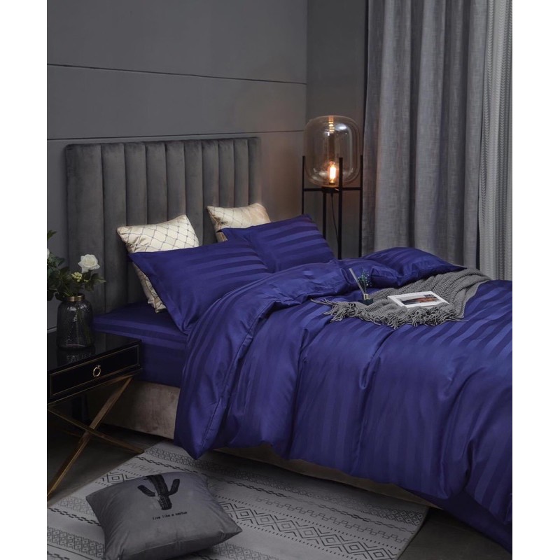 Bộ chăn ga gối Cotton Lụa Hàn Kẻ Sọc - Chăn Trần bông 2x2,2m sét 5 món