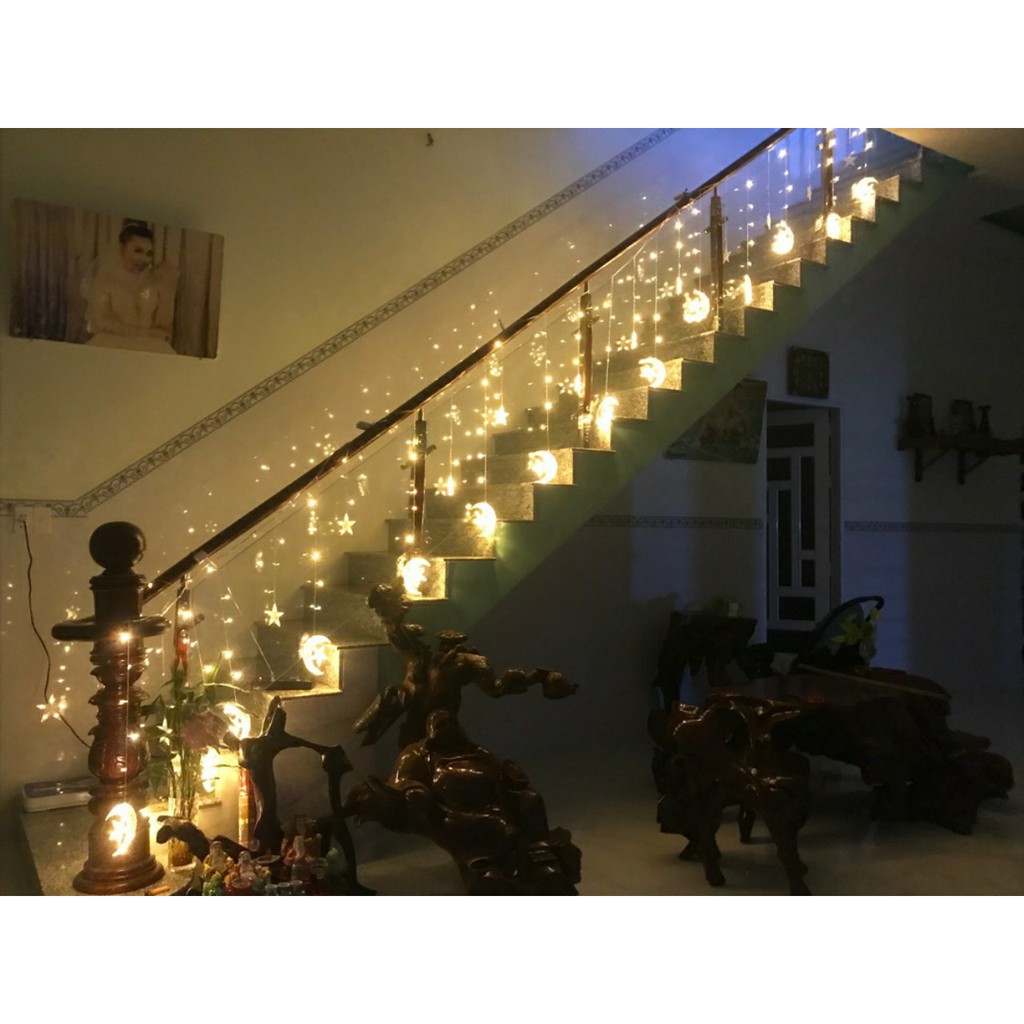 Rèm Đèn Led Chống Nước Dài 3M Thả Xuống 10 Đèn Led TRĂNG SAO Trang Trí Ngoài Trời Noel Lễ Tết Sân Vườn