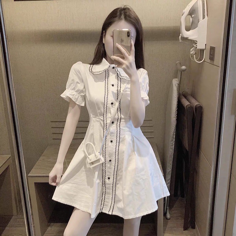 Đầm Sơ Mi Trắng Cổ Bèo Viền Đen Nhún Eo