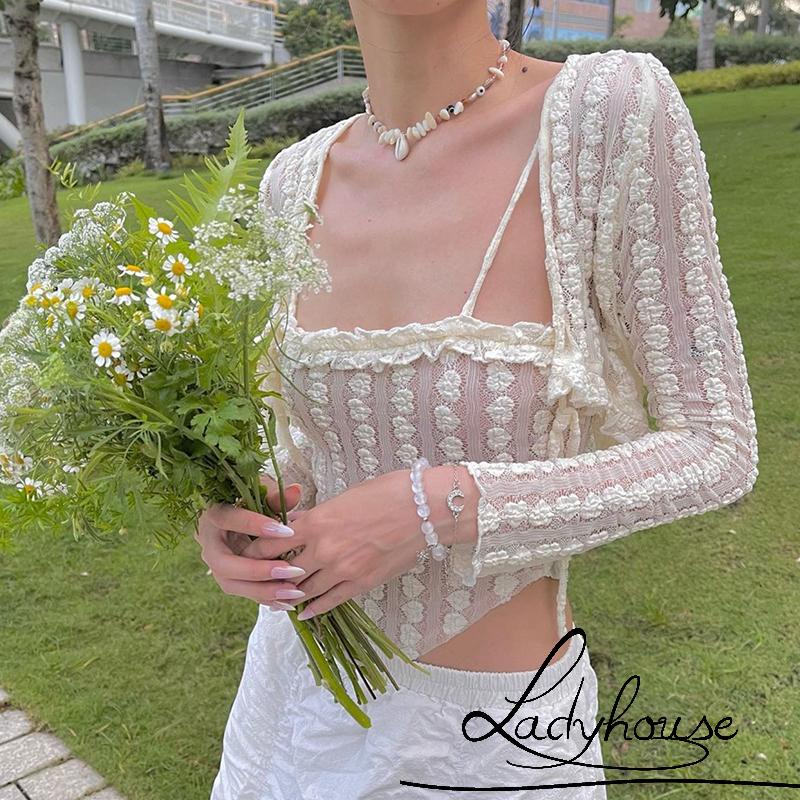 Bộ Áo Croptop Tay Dài Thắt Nơ + Áo Hai Dây Cổ Vuông Màu Trơn Thời Trang Xuân Hè Cho Nữ