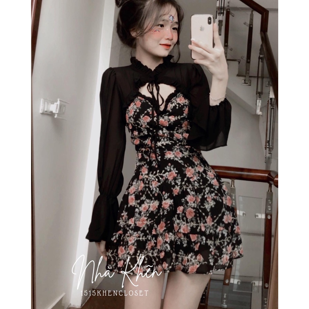 Set áo tay dài khoét ngực chân váy hoa đen