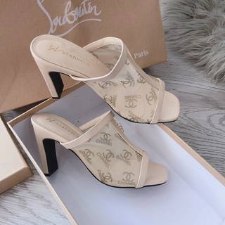 Guốc quai lưới bảng ngang - giày đế cao 9cm gót trụ vững