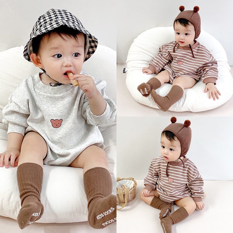 Bộ Áo Liền Quần Tay Dài In Hình Gấu Dễ Thương Cho Trẻ Sơ Sinh