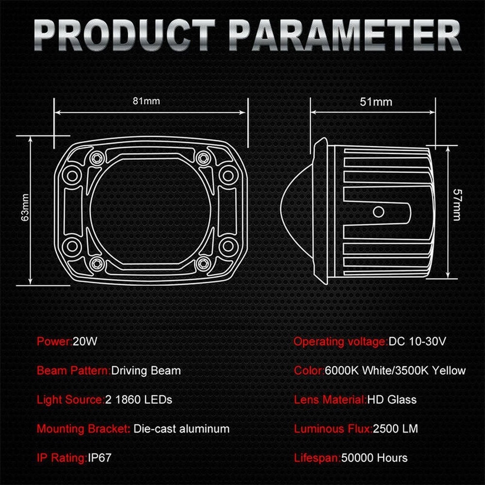 Luyoo Thanh Đèn LED Làm Việc Gắn Phẳng 8D 3 "20W Đèn Rọi Sáng Màu Vàng Trắng 12V 24V Cho Xe Hơi Xe Tải 4X4 Atv Pods