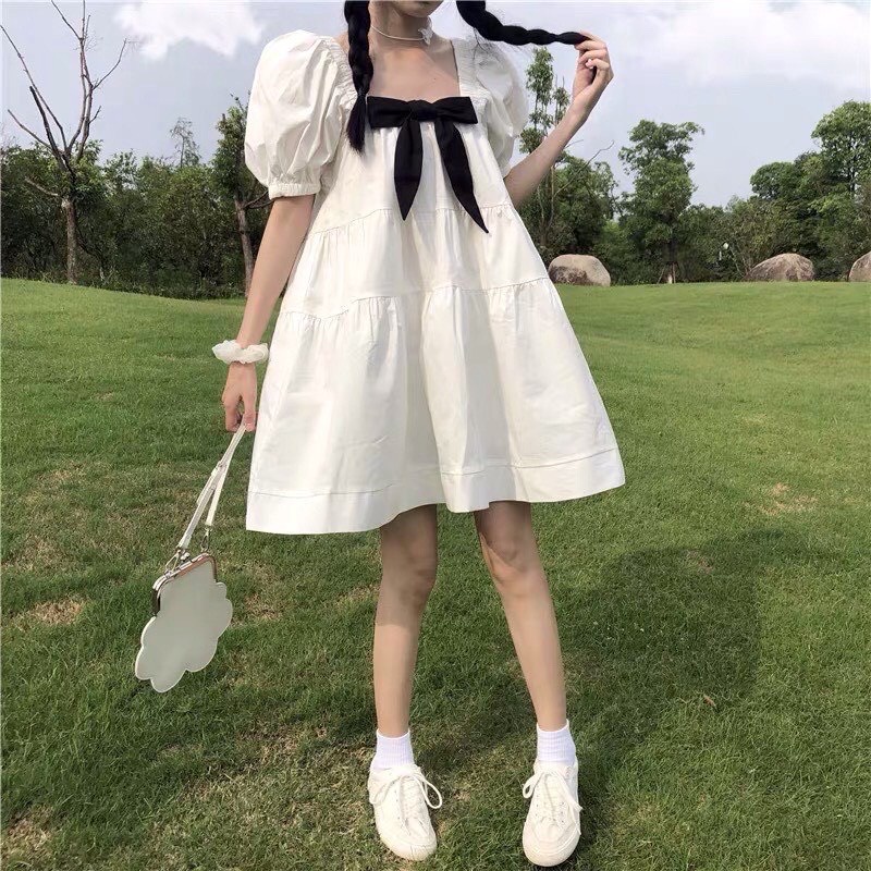 Váy Babydoll Trắng Nơ Đen Tay Bồng Cổ Chun Cute Hot Hit Đầm Nữ Dáng Lỡ Trễ Vai Cute Công Chúa Tiểu Thư Bánh Bèo