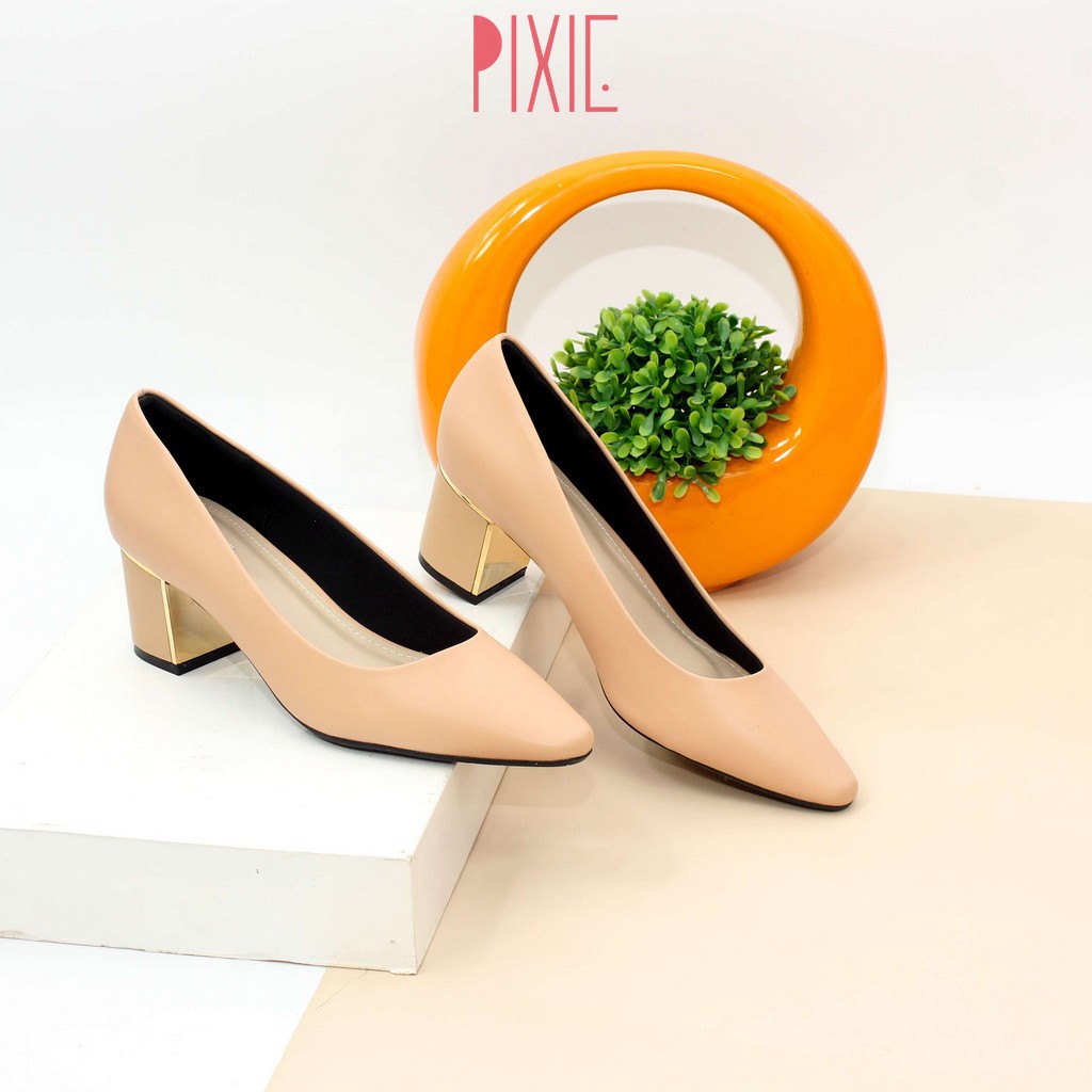 Giày Cao Gót 5cm Mũi Vuông Gót Ốp Kim Loại Pixie X564