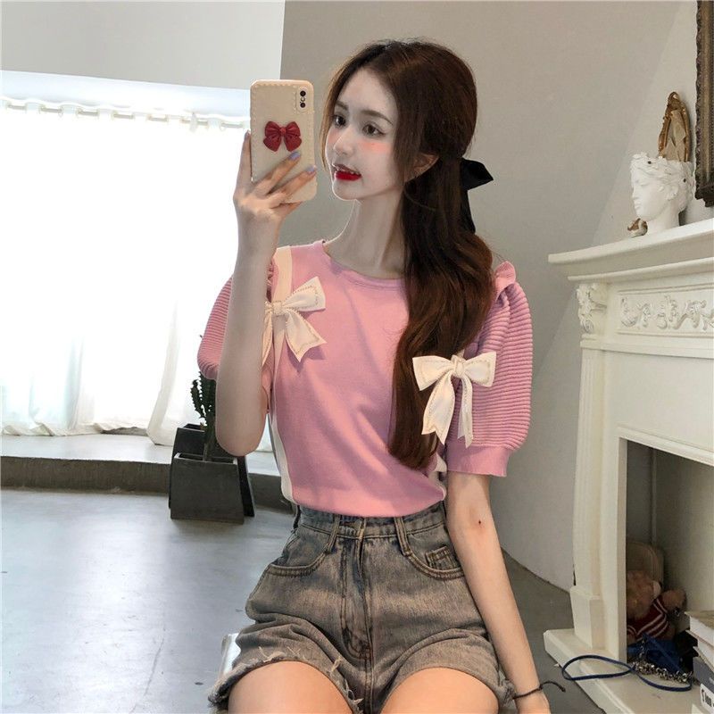 Áo Thun Tay Ngắn Hở Vai Dáng Ôm Phối Nơ Phong Cách Phương Tây Dành Cho Nữ  tao bao