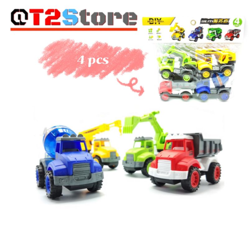 Xe ô tô đồ chơi, Túi 4 xe công trình nhiều màu sắc đẩy đà